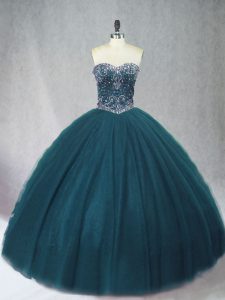 Unique Peacock Green Ball Gowns Sweetheart Sleeveless Tulle Floor Length Lace Up Beading Quince Ball Gowns