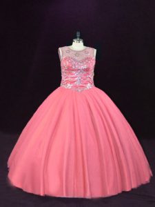 On Sale Ball Gowns Quinceanera Gowns Pink Scoop Tulle Sleeveless Floor Length Lace Up