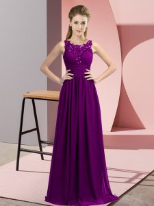Fabulous Floor Length Purple Bridesmaid Dress Chiffon Sleeveless Beading and Appliques