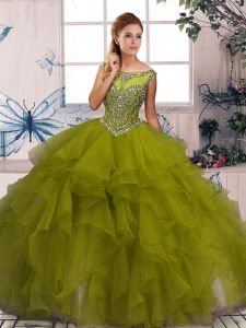 Romantic Ball Gowns Vestidos de Quinceanera Olive Green Scoop Organza Sleeveless Floor Length Zipper