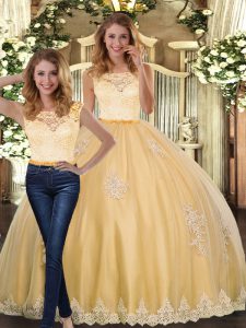 Beauteous Floor Length Two Pieces Sleeveless Gold Quince Ball Gowns Clasp Handle