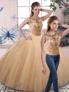 Sleeveless Floor Length Beading Lace Up 15 Quinceanera Dress with Gold