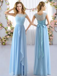 Cap Sleeves Floor Length Lace and Belt Side Zipper Bridesmaid Dresses with Light Blue