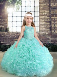 Apple Green Scoop Neckline Beading Girls Pageant Dresses Sleeveless Lace Up