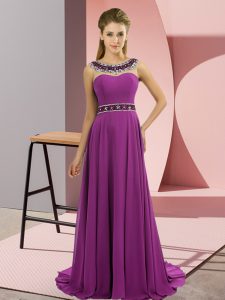 Purple Scoop Zipper Beading Dress for Prom Brush Train Sleeveless
