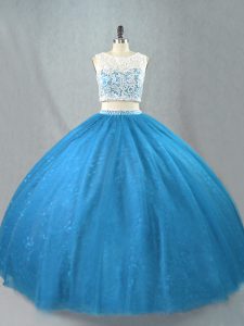Artistic Sleeveless Tulle Floor Length Zipper Vestidos de Quinceanera in Blue with Beading