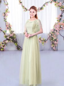 Modern Scoop Short Sleeves Quinceanera Dama Dress Floor Length Lace and Belt Yellow Green Tulle