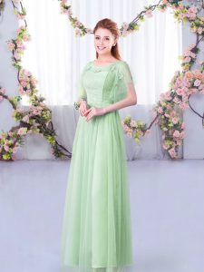 Apple Green Short Sleeves Floor Length Lace and Belt Side Zipper Bridesmaid Dress