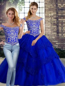 Royal Blue Lace Up Sweet 16 Dresses Beading and Lace Sleeveless Brush Train