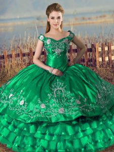 Green Ball Gown Prom Dress Sweet 16 and Quinceanera with Embroidery and Ruffled Layers Off The Shoulder Sleeveless Lace Up