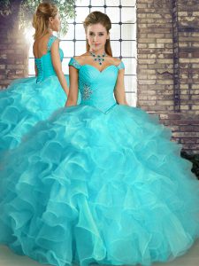 Cheap Aqua Blue Sleeveless Beading and Ruffles Floor Length Ball Gown Prom Dress