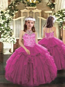 Halter Top Sleeveless Little Girl Pageant Dress Floor Length Beading and Ruffles Fuchsia Tulle