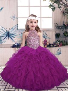 Halter Top Sleeveless Tulle Little Girls Pageant Dress Wholesale Beading and Ruffles Lace Up