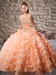 Sleeveless Beading and Ruffled Layers Lace Up Quince Ball Gowns with Orange Court Train