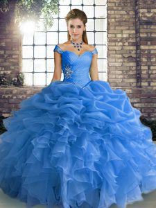Admirable Blue Ball Gowns Organza Off The Shoulder Sleeveless Beading and Ruffles and Pick Ups Floor Length Lace Up Quinceanera Gown