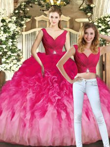 Multi-color Ball Gowns V-neck Sleeveless Tulle Floor Length Lace Up Ruching Quinceanera Dresses