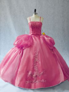 Straps Sleeveless Ball Gown Prom Dress Floor Length Appliques Pink Organza