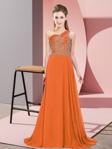 Ideal One Shoulder Sleeveless Side Zipper Evening Dress Orange Chiffon
