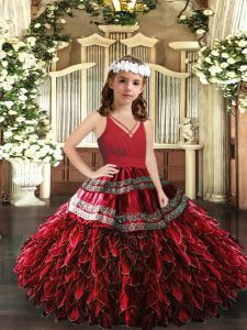 V-neck Sleeveless Child Pageant Dress Floor Length Appliques and Ruffles Red Organza
