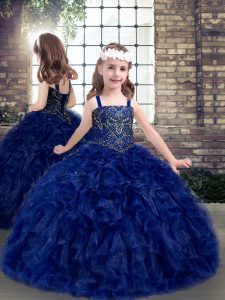 Blue Sleeveless Beading and Ruffles Floor Length Little Girls Pageant Dress