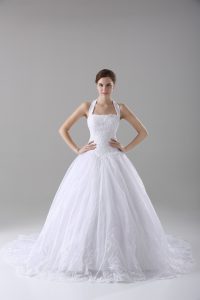 Romantic Sleeveless Brush Train Lace Lace Up Bridal Gown