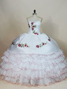 Cute White Strapless Neckline Embroidery and Ruffled Layers 15th Birthday Dress Sleeveless Lace Up
