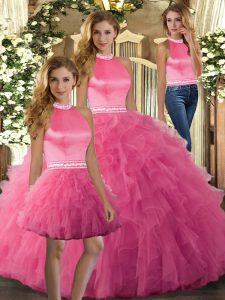 Hot Pink Quinceanera Dresses Sweet 16 and Quinceanera with Ruffles Halter Top Sleeveless Backless