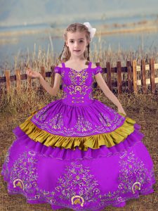 Ball Gowns Child Pageant Dress Purple Off The Shoulder Satin Sleeveless Floor Length Lace Up