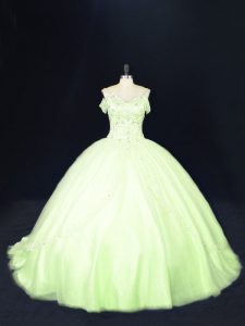 Excellent Yellow Green Lace Up Quinceanera Gown Beading Sleeveless Court Train