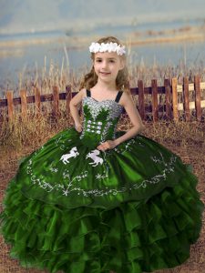 Perfect Olive Green Lace Up Straps Embroidery and Ruffled Layers Pageant Dress Organza Sleeveless