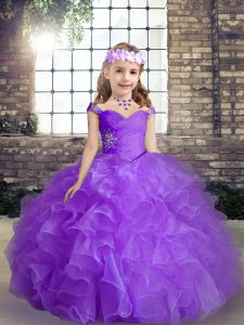 Purple Little Girl Pageant Gowns Party and Wedding Party with Beading Straps Sleeveless Lace Up