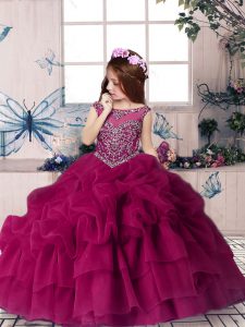 Beading and Pick Ups Little Girl Pageant Dress Fuchsia Lace Up Sleeveless Floor Length