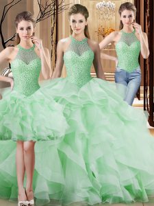 Most Popular Apple Green Quinceanera Gowns Halter Top Sleeveless Brush Train Lace Up