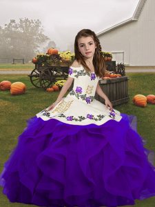 Floor Length Lace Up Winning Pageant Gowns Purple for Party and Wedding Party with Embroidery and Ruffles