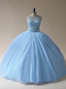 Sleeveless Tulle Floor Length Lace Up Sweet 16 Dresses in Light Blue with Beading