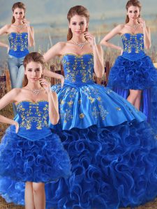 Sleeveless Floor Length Embroidery and Ruffles Lace Up Quinceanera Gown with Royal Blue