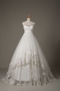 Gorgeous White Sweetheart Neckline Beading and Lace and Hand Made Flower Wedding Dress Sleeveless Lace Up