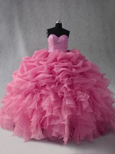Floor Length Rose Pink Ball Gown Prom Dress Organza Sleeveless Beading and Ruffles and Pick Ups