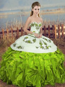 Floor Length Olive Green Quince Ball Gowns Organza Sleeveless Embroidery and Ruffles and Bowknot