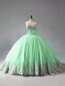 Flirting Sweetheart Sleeveless Tulle Vestidos de Quinceanera Appliques Court Train Lace Up