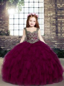 Fashion Fuchsia Straps Lace Up Beading Little Girls Pageant Dress Sleeveless