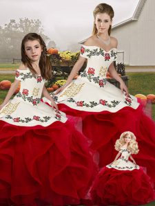 Floor Length White And Red Sweet 16 Dress Off The Shoulder Sleeveless Lace Up
