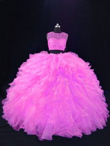 Spectacular Pink Sleeveless Beading and Ruffles Floor Length Quince Ball Gowns