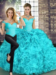 Aqua Blue Two Pieces Beading and Ruffles Quinceanera Dress Lace Up Organza Sleeveless Floor Length