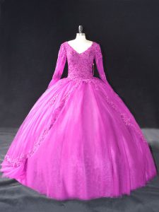 Noble Long Sleeves Tulle Floor Length Lace Up Quinceanera Dress in Fuchsia with Lace and Appliques