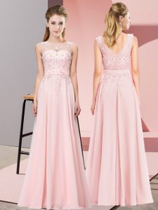 Sleeveless Chiffon Floor Length Zipper Court Dresses for Sweet 16 in Baby Pink with Beading and Appliques