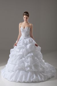 Simple Sweetheart Sleeveless Brush Train Lace Up Wedding Dress White Taffeta