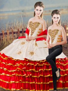 Superior White And Red Lace Up 15 Quinceanera Dress Appliques and Ruffled Layers Sleeveless Floor Length