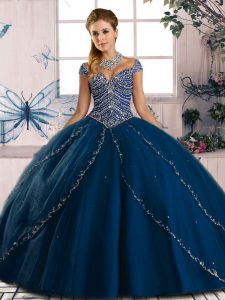 Colorful Blue Cap Sleeves Tulle Brush Train Lace Up Quinceanera Gowns for Sweet 16 and Quinceanera