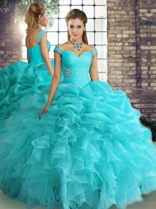 Romantic Floor Length Ball Gowns Sleeveless Aqua Blue Quinceanera Dress Lace Up